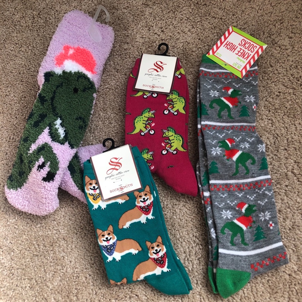 Four Pairs Novelty Socks - Corgi, Dinosaurs